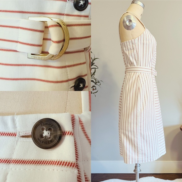 Tommy Hilfiger Dress Womens 4 Belted Cream Red Pinstripe Sheath Nautical Preppy - Picture 3 of 12